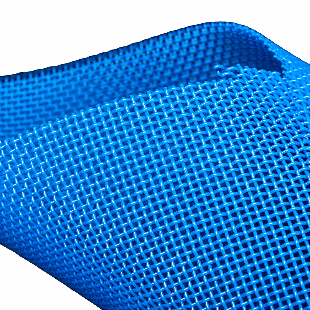 Enhanced reference photo of blue woven dryer fabric with a folded edge