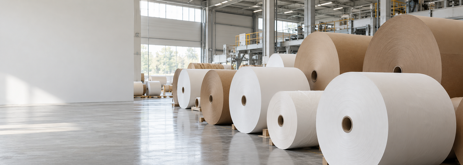 Brown packaging paper and white paper parent reels in a paper mill