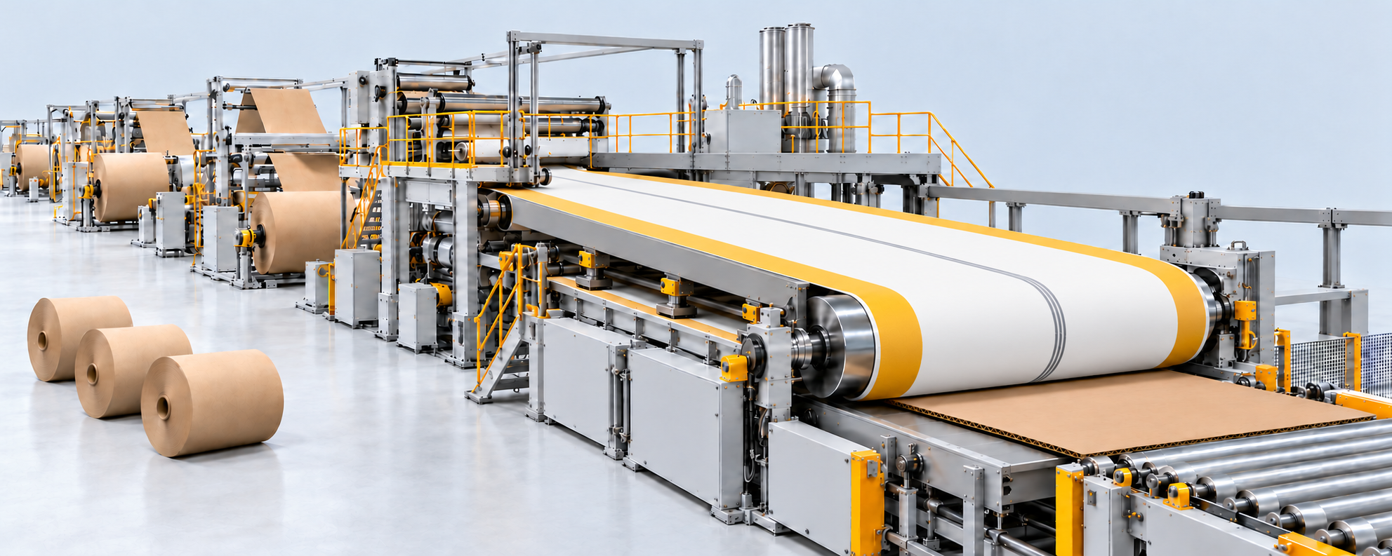 Illustrative double facer line with a Kevlar reinforced edge corrugator belt