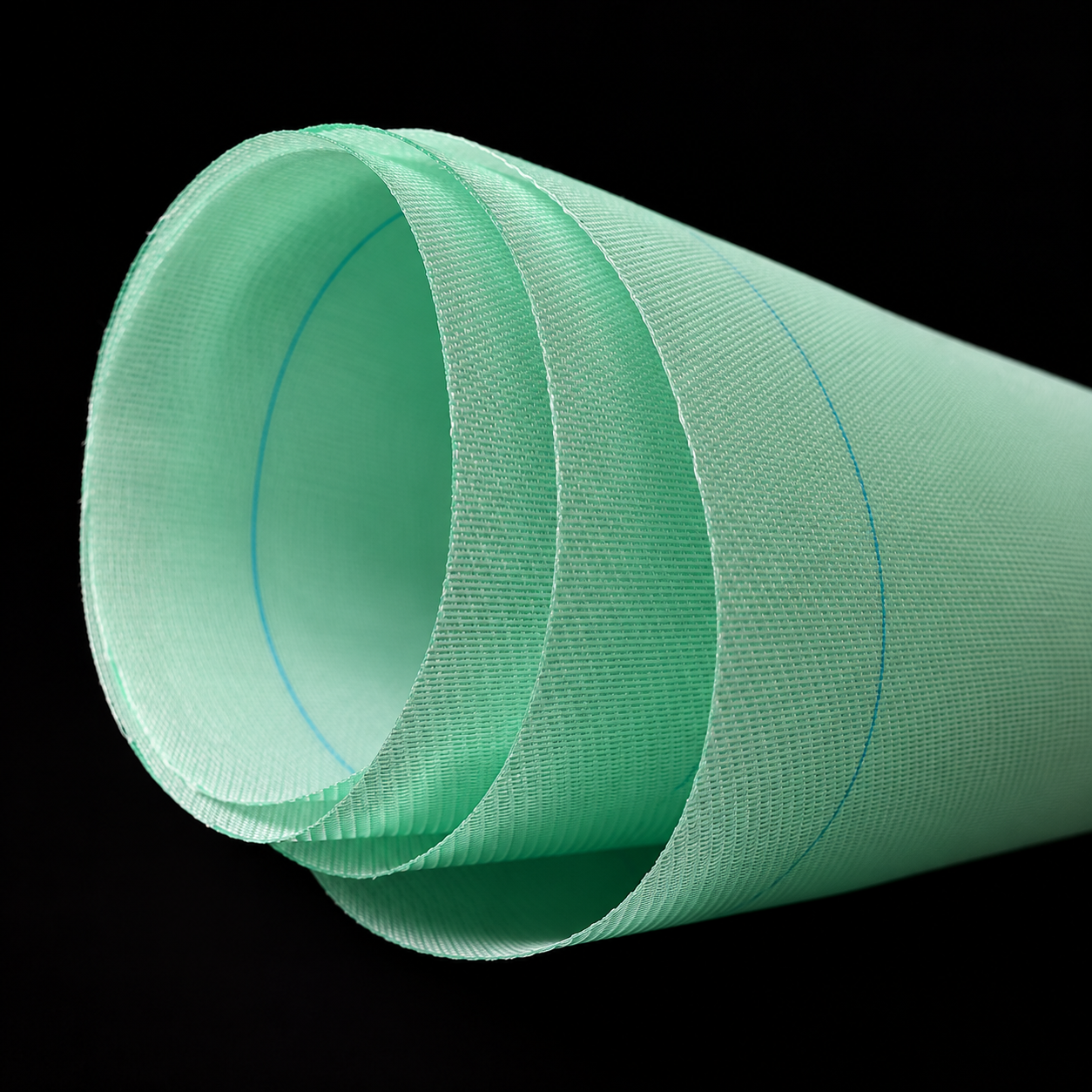 Enhanced reference photo of a green forming fabric roll with a blue guide line